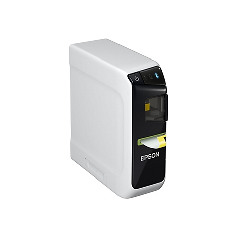 Imprimante d'étiquettes blanche et rectangulaire avec façade noire. Indicateurs Bluetooth et d'alimentation bleus en haut, lettrage "EPSON".