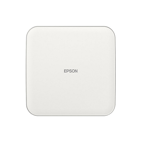 Rechteckiger, weißer Epson-Drucker mit abgerundeten Ecken. Der Markenname steht mittig.