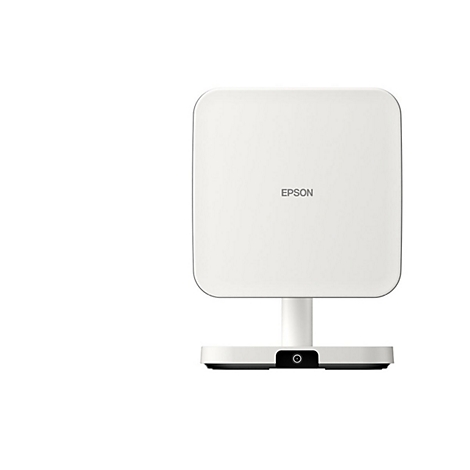 Weißer Epson Projektor. Rechteckiges Oberteil, zylindrischer Stiel, runder Sockel mit Objektiv. Epson-Logo.