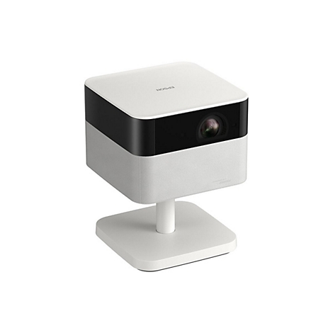 Ein kompakter, weiß-schwarzer Projektor mit Lautsprecher, auf einem Sockel. EPSON-Schriftzug oben.