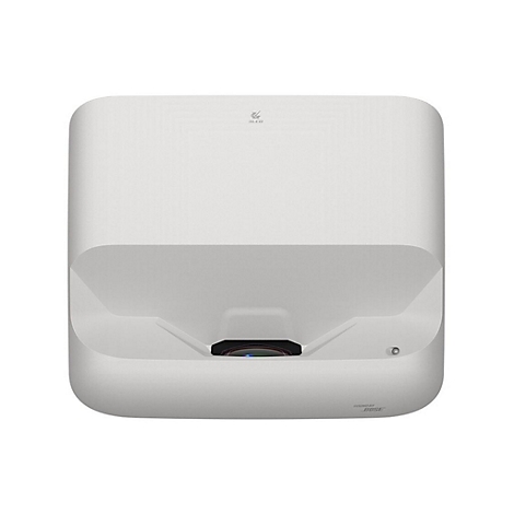 Weißer Projektor mit abgerundeten Ecken. Unten steht "SOUND BY BOSE".