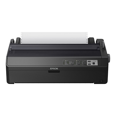 Schwarzer Nadeldrucker mit eingelegtem Endlosformular. Die Marke Epson ist auf der Vorderseite sichtbar.