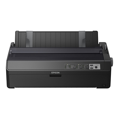 Schwarzer Epson Nadeldrucker. Oberhalb der Schrift Epson sind Bedienelemente erkennbar.