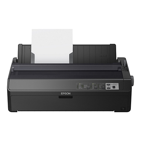 Ein schwarzer Epson Nadeldrucker mit einem Blatt Papier im Papierschacht.