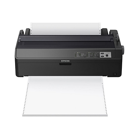Draufsicht eines schwarzen Epson-Nadeldruckers mit Papier. Ausgabebogen unten, ZufÃ¼hrung oben.