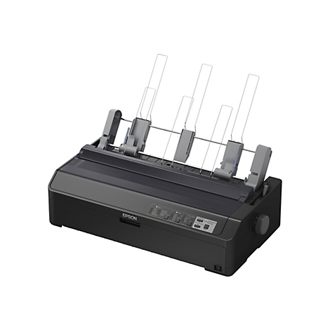 Schwarzer Nadeldrucker, mit Papierführung und Bedienfeld. Auf dem Gerät steht "EPSON".