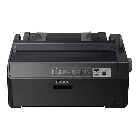Schwarzer Epson Nadeldrucker. Bedienfeld mit KnÃ¶pfen und Anzeige. Logo: EPSON.