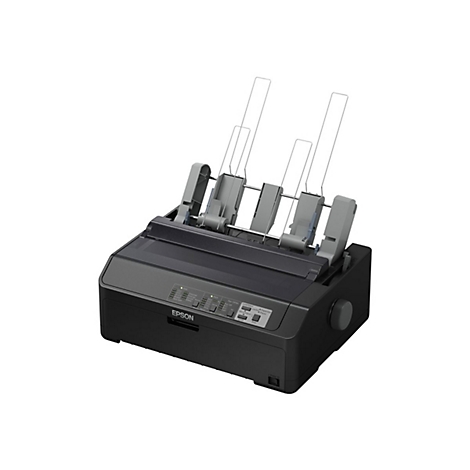 Schwarzer Nadeldrucker Epson. Graue Halterungen halten Papier, Bedienfeld mit KnÃ¶pfen und Epson-Logo.