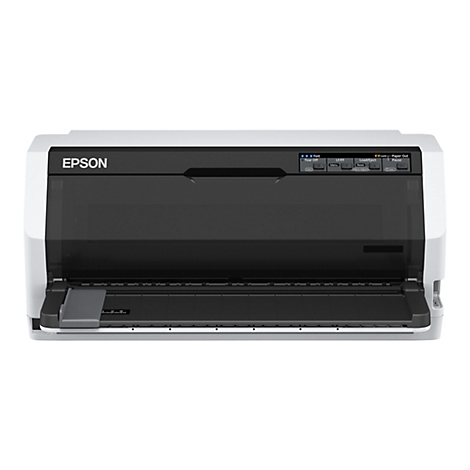 Ein grauer Epson-Drucker mit offener Klappe und Bedienfeld. Schwarzes Gehäuse, Bedienfeld oben, Schriftzug 'EPSON'.
