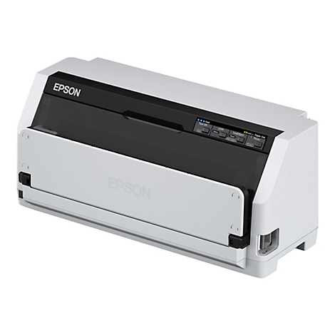 Hellgrauer Epson-Drucker mit schwarzem Bedienfeld. Oben steht der Name Epson. Auf dem Bedienfeld befinden sich Tasten und Leuchten.