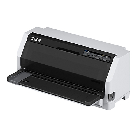 Ein weiß-schwarzer Drucker mit der Aufschrift "EPSON". Der Papiereinzug ist geöffnet. Bedienfeld mit Tasten.