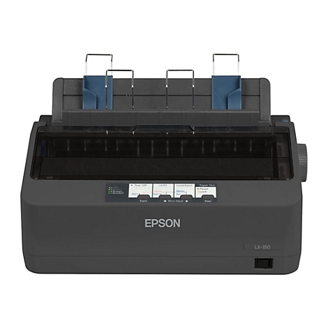 Dunkelgrauer Nadeldrucker mit blauem Papierhalter, Epson-Logo, Schriftzug 'LX-350'.