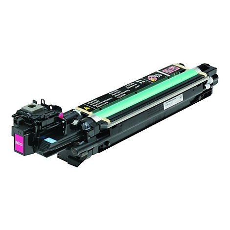 Eine schwarze Tonerkartusche mit Aufschriften. Die Farbe der Kartusche ist magenta. Ein grÃ¼ner Streifen verlÃ¤uft durch die Mitte.