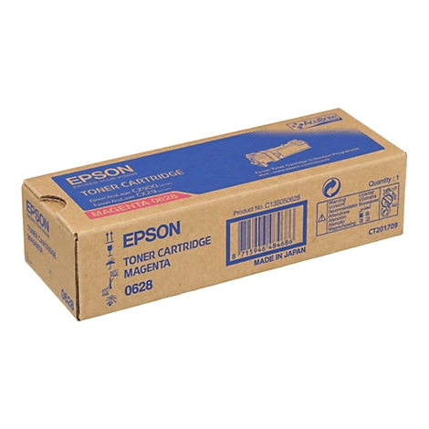 Eine rechteckige Epson-Toner-Kartuschenbox aus Karton. Auf der Box stehen Angaben zur Bezeichnung, Warnhinweisen, Produktnummer, Barcode und Herstellungsort.