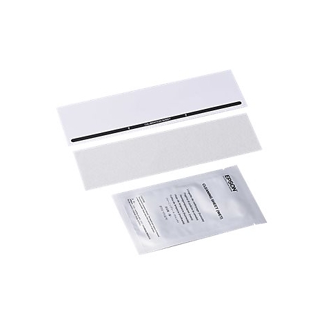 Drei Druckerzubehörteile: ein weißes Kalibrierungsblatt, ein rechteckiges Reinigungspapier und ein Reinigungstuch in einem Beutel.