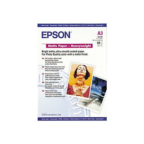 Epson A3 Fotopapier Verpackung mit Produktinfos und zwei Beispielbildern.