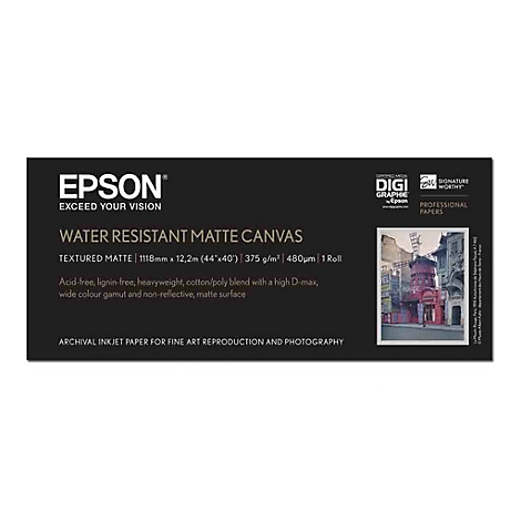 Epson Produktverpackung für wasserfeste, matte Leinwand mit technischer Spezifikation und Moulin-Rouge-Motiv.