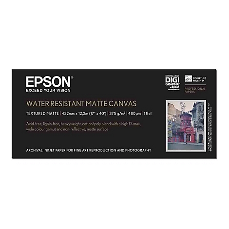 Schwarzes Produktetikett für Epson Water Resistant Matte Canvas mit technischen Spezifikationen und einem Bild vom Moulin Rouge.