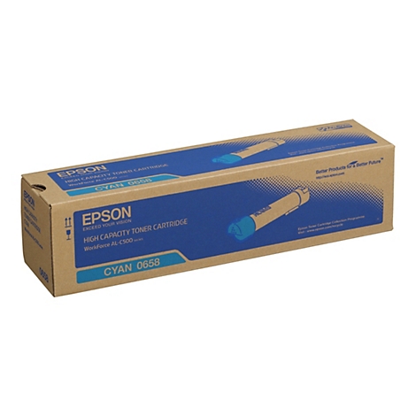 Eine Epson Cyan Toner Cartridge in einer braunen Verpackung. Auf der Verpackung steht Epson, Cyan, 0658 und weitere Informationen.