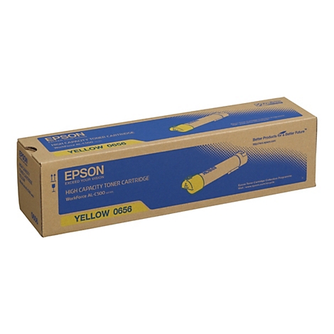 Gelbe Epson Toner-Kartusche in Kartonverpackung mit blauen Details und weißem Hintergrund. Aufgedruckter Text: Epson, High Capacity Toner Cartridge, Yellow 0656.