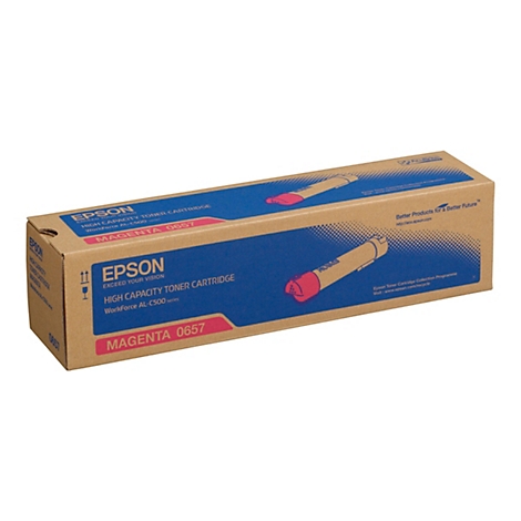 Eine rechteckige, braune Kartonverpackung für eine Epson Tintenpatrone. Auf der Verpackung sind blaue und rosa Elemente mit dem Epson-Logo und Produktinformationen abgebildet.