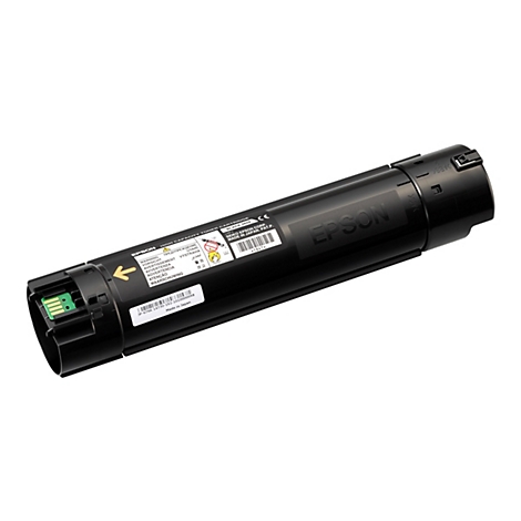 Schwarze Epson High Capacity Toner Cartridge, Detailaufnahme. Aufdrucke: Warnhinweis, Modellnummer, Herstellungsland.