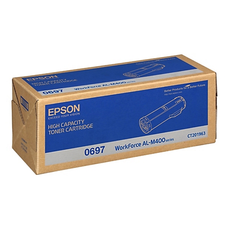 Ein Karton mit einem Epson Toner, blau-weiß beschriftet. Aufschrift: High Capacity Toner Cartridge, Workforce AL-M400 series, 0697, CT201963.