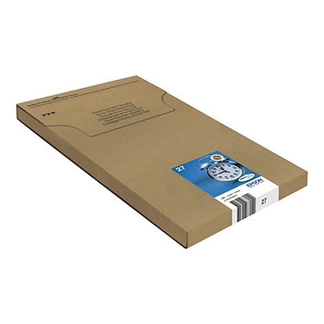 Eine schräge Ansicht einer braunen Epson-Versandverpackung mit einem Aufkleber, der eine Uhr und das Epson-Logo zeigt. Auf der Verpackung steht '27'.