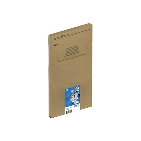 Eine braune Epson-Verpackung, auf der sich ein Aufkleber mit einer Uhr und dem Label Epson befindet. Auf der Verpackung steht in verschiedenen Sprachen "Epson Easy Mail Packaging".