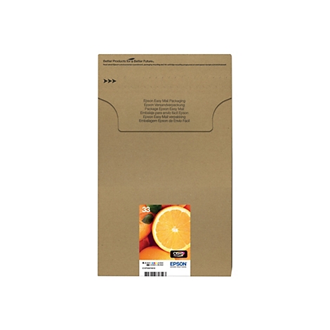 Brauner Karton mit Epson-Logo und Orangenabbildung. Texte in verschiedenen Sprachen.