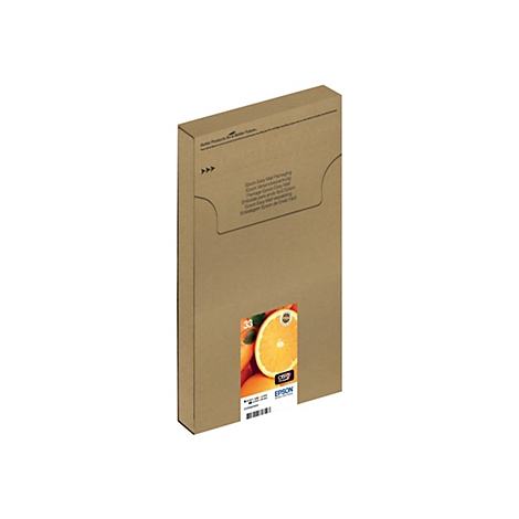 Brauner Karton mit Epson-Tintenpatronen. Auf der Verpackung eine Orange und Text.