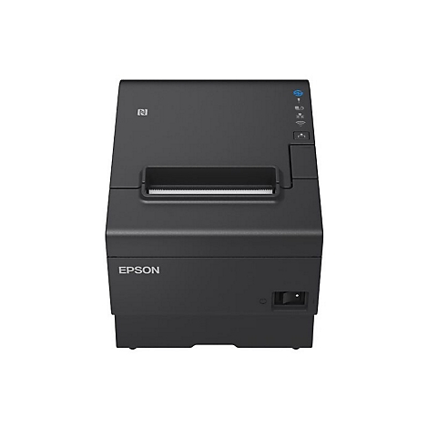 Schwarzer Bondrucker mit Epson-Logo. Oben befinden sich Statusanzeigen und NFC-Symbol. Netzschalter rechts unten.