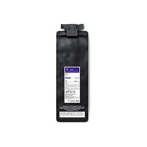Epson Tinten-Versorgungseinheit T58ED in Violett vor neutralem Hintergrund.