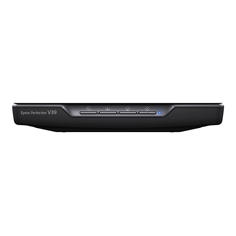 Scanner Epson Perfection V39 noir. Dessus avec commandes et texte 'Epson Perfection V39'.