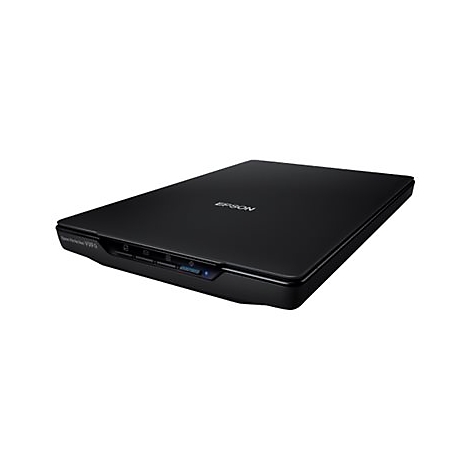 Un scanner à plat Epson noir. L'appareil est rectangulaire et légèrement incliné, le logo Epson est visible.