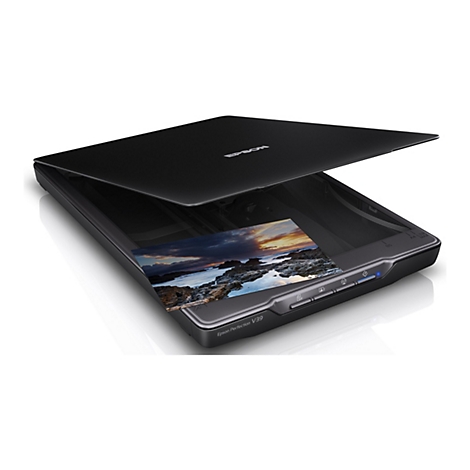 Ein schwarzer Epson Scanner, dessen Deckel geöffnet ist. Darunter liegt ein Foto von einer Landschaft mit Felsen und Meer.