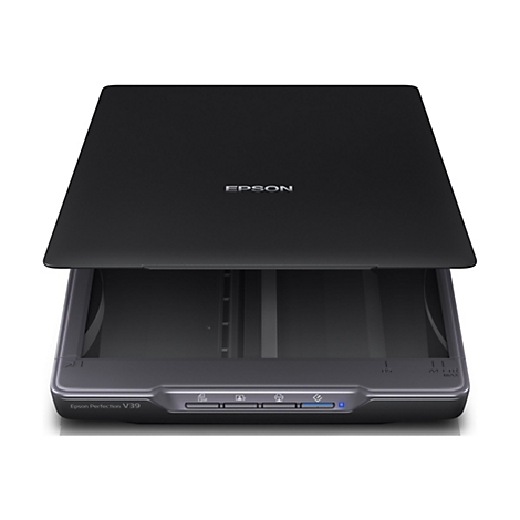 Schwarzer Epson-Scanner mit geöffnetem Deckel. Das Epson-Logo ist sichtbar.