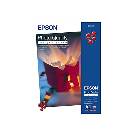 Epson Photo Quality Inkjetpapier in A4 mit Abbildung eines leuchtenden Geschenks auf der Verpackung.