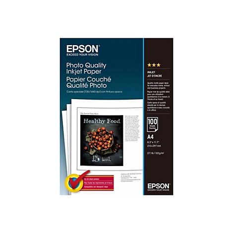 Epson Inkjet-Fotopapier A4-Verpackung mit Beispielausdruck von gesunden Lebensmitteln.