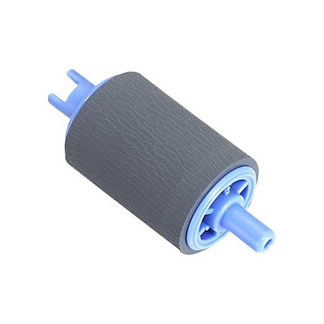 Walze eines Druckers, grau, geriffelt, mit blauen Kunststoffteilen.