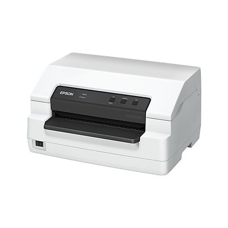 Ein weißer Etikettendrucker mit schwarzem Bedienfeld, dem Schriftzug EPSON und einem Ein-/Ausschalter.