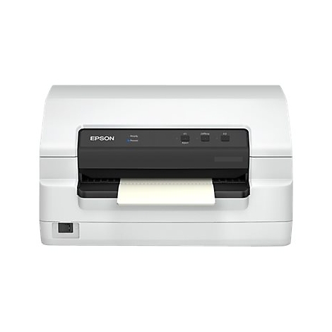 Weißer Drucker mit Bedienfeld. Das Epson-Logo ist sichtbar. Ausgabepapier liegt bereit.