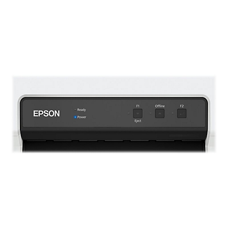 Detailansicht eines Epson-Druckers. Ein dunkles Bedienfeld mit den Aufschriften EPSON, Ready, Power, F1, Offline, F2 und Eject.