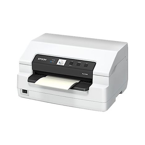 Weißer Drucker mit schwarzem Bedienfeld. Papier wird ausgeworfen. Auf dem Bedienfeld ist das Epson Logo und die Bezeichnung PLD-50W zu sehen.
