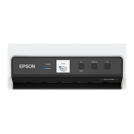 Nahaufnahme des Bedienfelds eines Epson-Druckers mit "Ready"-Anzeige, blaues Power-Licht.