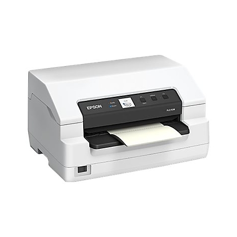 Weißer Epson Etikettendrucker, Papierausgabe vorne. Schwarzes Bedienfeld mit Logo und LED-Leuchten.
