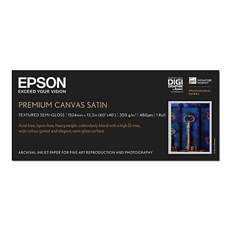 Epson Premium Canvas Satin Verpackungsdesign mit technischen Produktdetails und einem Beispielbild eines antiken Schlüssels.