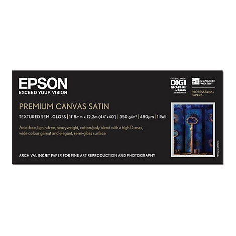 Epson Premium Canvas Satin Produktverpackungsetikett mit Spezifikationen und einem kleinen Bild eines Schlüssels.