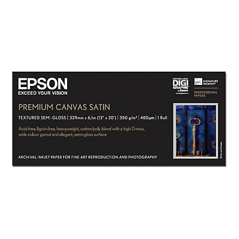 Epson Produktetikett für Premium Canvas Satin mit technischen Angaben und einem Beispielbild eines Schlüssels.
