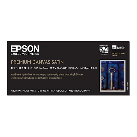 Epson Premium Canvas Satin Produktverpackung mit technischen Daten und einem blauen Kunstdruck-Motiv.